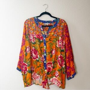 John Mark Boho Mixed Floral Print Button Front Blouse Top NWT Size 1X